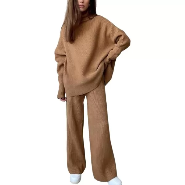 imagechouyatou Womens 2 Piece Outfits Knitted Turtleneck Oversized Sweater Wide Leg Pants SetBrown
