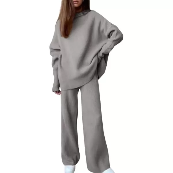 imagechouyatou Womens 2 Piece Outfits Knitted Turtleneck Oversized Sweater Wide Leg Pants SetGrey