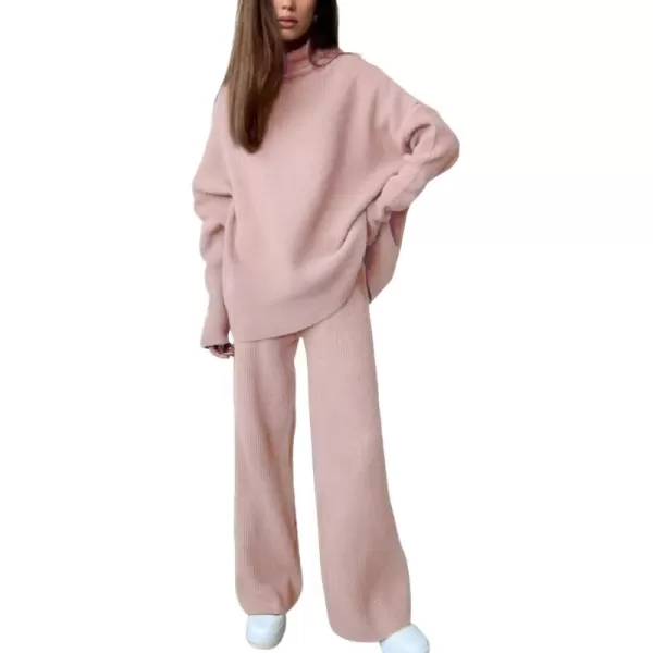 imagechouyatou Womens 2 Piece Outfits Knitted Turtleneck Oversized Sweater Wide Leg Pants SetPink