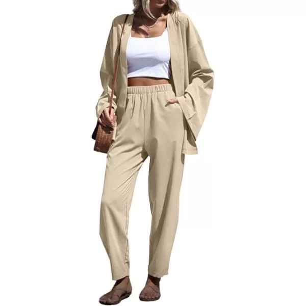 imagechouyatou Womens 2 Piece Outfits Open Front Lightweight Cardigan and Elastic Waist Wide leg Pants SetApricot