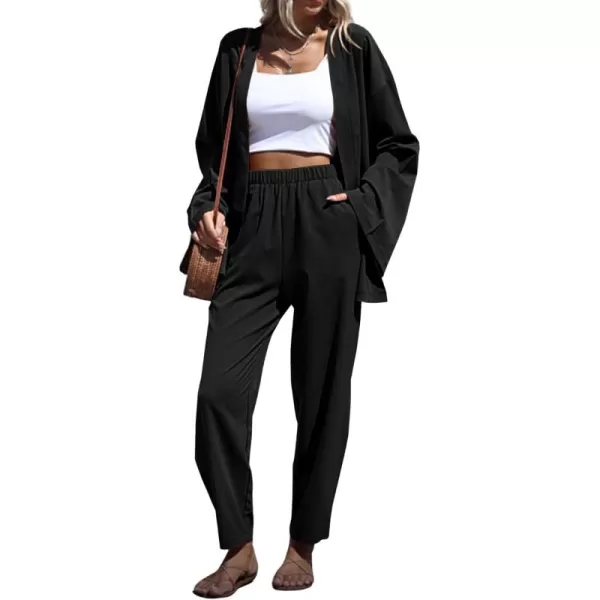 imagechouyatou Womens 2 Piece Outfits Open Front Lightweight Cardigan and Elastic Waist Wide leg Pants SetBlack