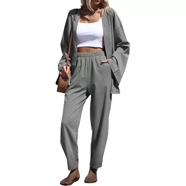 imagechouyatou Womens 2 Piece Outfits Open Front Lightweight Cardigan and Elastic Waist Wide leg Pants SetGray
