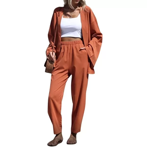 imagechouyatou Womens 2 Piece Outfits Open Front Lightweight Cardigan and Elastic Waist Wide leg Pants SetOrange