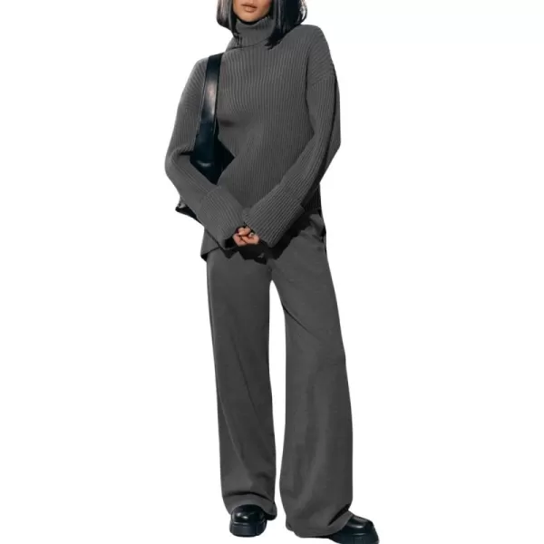 imagechouyatou Womens 2 Piece Sweater Set Outfits Rib Knitted Turtleneck Jumper Sweater Wide Leg Pant SetsGrey