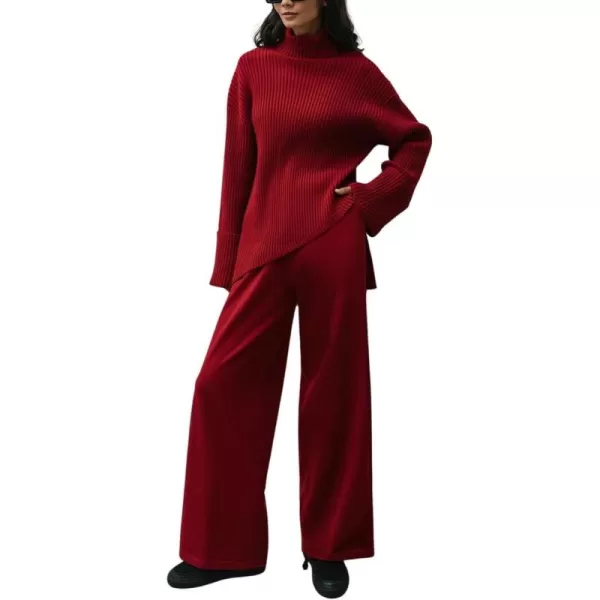 imagechouyatou Womens 2 Piece Sweater Set Outfits Rib Knitted Turtleneck Jumper Sweater Wide Leg Pant SetsRed
