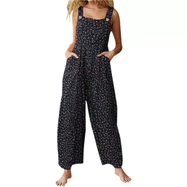 imagechouyatou Womens Adjustable Strap Sleeveless Floral Print Jumpsuit Pants RomperBlack