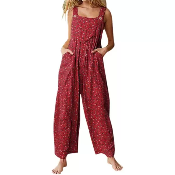 imagechouyatou Womens Adjustable Strap Sleeveless Floral Print Jumpsuit Pants RomperRed
