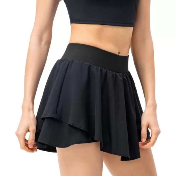 imagechouyatou Womens Athletic Stretched High Waist 2 in 1 Layered Flowy Butterfly Tennis Yoga Skorts Skirts with Shorts PocketsBlack