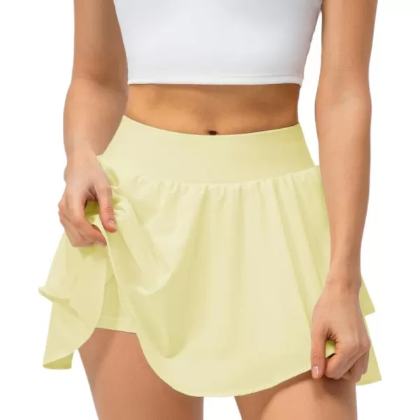 imagechouyatou Womens Athletic Stretched High Waist 2 in 1 Layered Flowy Butterfly Tennis Yoga Skorts Skirts with Shorts PocketsYellow