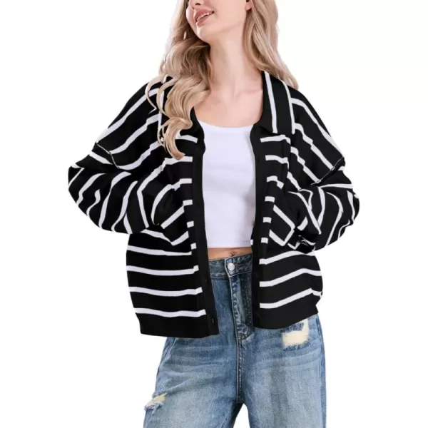 imagechouyatou Womens Button Down Striped Cardigan Sweater Polo Collar Open Front Knit Jacket 2024 Fall OutfitsBlack