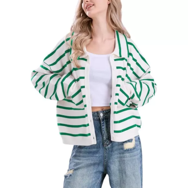 imagechouyatou Womens Button Down Striped Cardigan Sweater Polo Collar Open Front Knit Jacket 2024 Fall OutfitsGreen