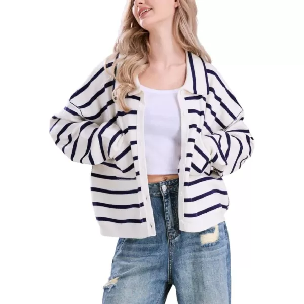 imagechouyatou Womens Button Down Striped Cardigan Sweater Polo Collar Open Front Knit Jacket 2024 Fall OutfitsNavy Blue