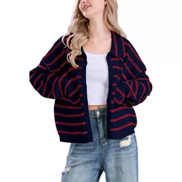 imagechouyatou Womens Button Down Striped Cardigan Sweater Polo Collar Open Front Knit Jacket 2024 Fall OutfitsNavy Red