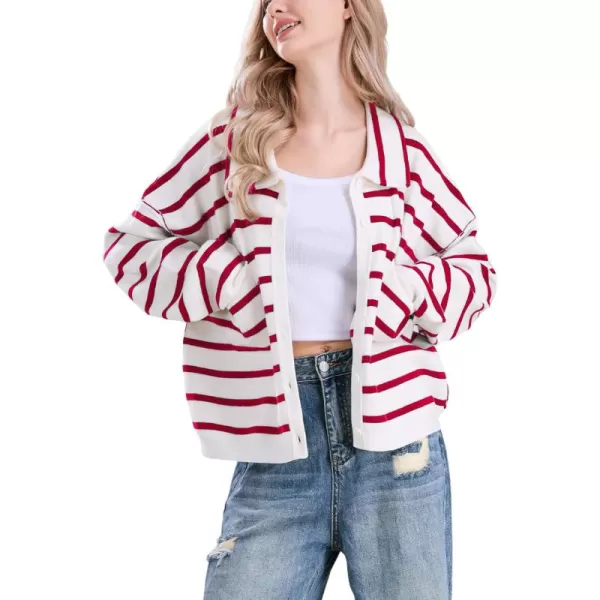 imagechouyatou Womens Button Down Striped Cardigan Sweater Polo Collar Open Front Knit Jacket 2024 Fall OutfitsRed