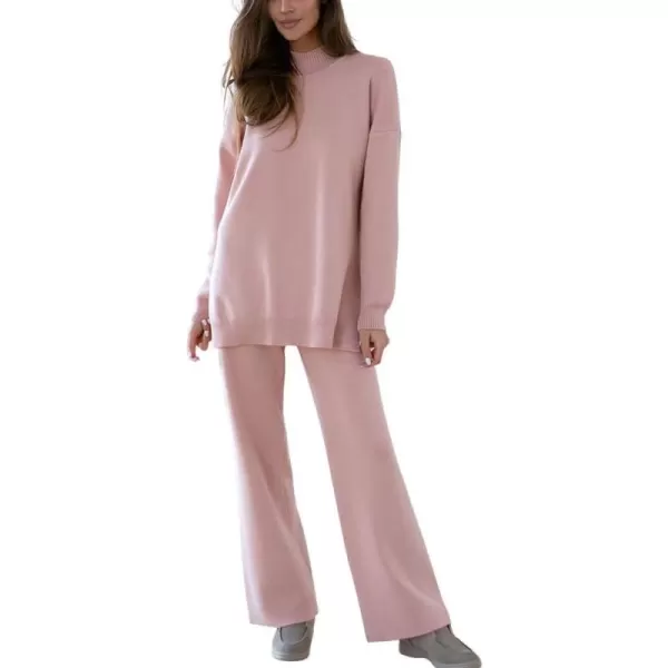 imagechouyatou Womens Casual 2 Piece Outfits Knitted Mock Neck Slit Sweater Wide Leg Pants Set LoungewearPink