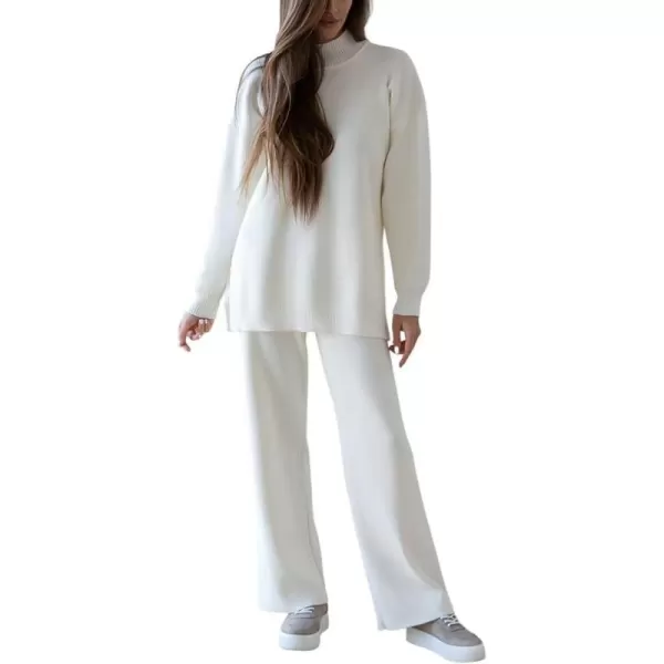 imagechouyatou Womens Casual 2 Piece Outfits Knitted Mock Neck Slit Sweater Wide Leg Pants Set LoungewearWhite