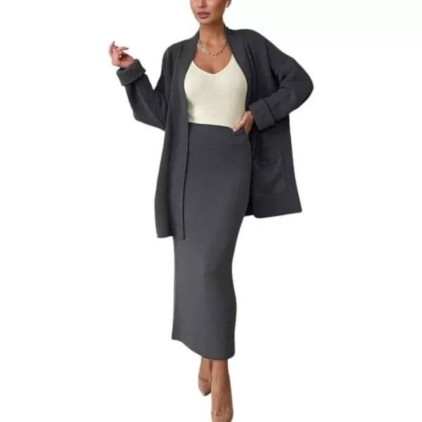 imagechouyatou Womens Casual 2 Piece Outfits Open Front Knitted Cardigan High Waist Pencil Skirt SetDark Grey