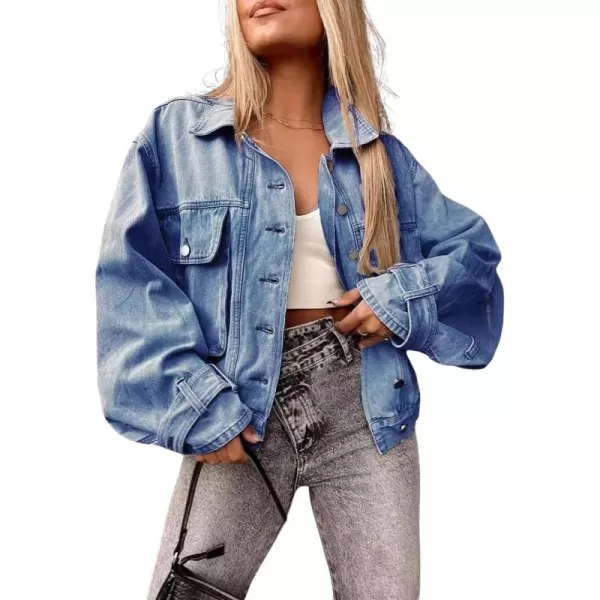imagechouyatou Womens Fall Casual Button Down Denim Jacket Loose Fit Boyfriend Jean Jacket ShacketBlue