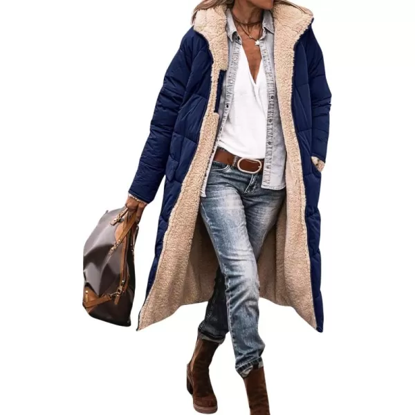 imagechouyatou Womens Fleece Lined Puffer Jacket Reversible Long Winter Quilted Jacket Down CoatNavy Blue