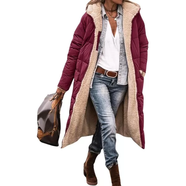 imagechouyatou Womens Fleece Lined Puffer Jacket Reversible Long Winter Quilted Jacket Down CoatWine Red