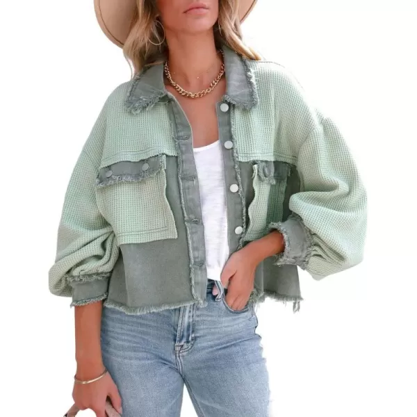 imagechouyatou Womens Frayed Waffle Knit Shacket Crop Denim Spliced Button Down Shirt Jacket TopsGreen