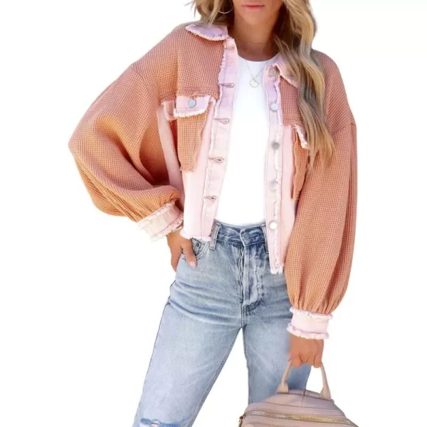 imagechouyatou Womens Frayed Waffle Knit Shacket Crop Denim Spliced Button Down Shirt Jacket TopsPink