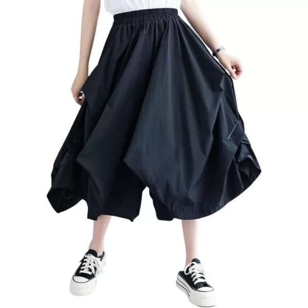 imagechouyatou Womens Irregular Ruffle Baggy Wide Leg Capri Pants High Elastic Waist Boho Cropped Culotte PantsBlack
