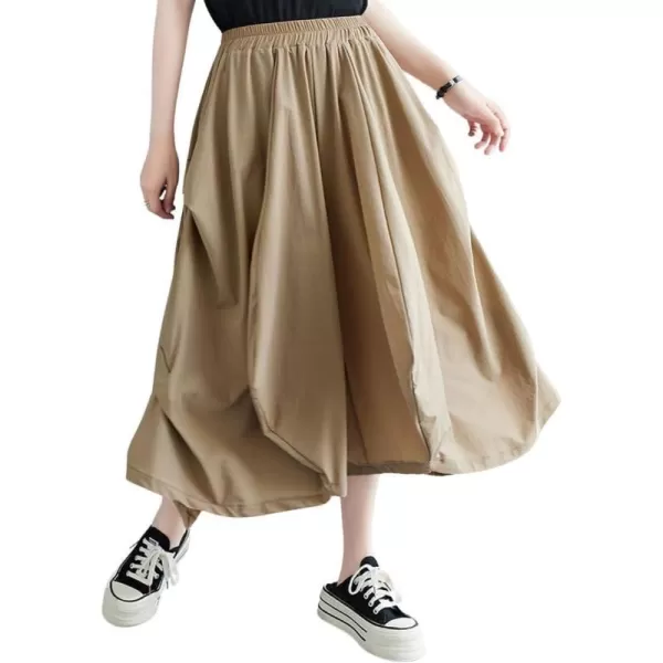imagechouyatou Womens Irregular Ruffle Baggy Wide Leg Capri Pants High Elastic Waist Boho Cropped Culotte PantsKhaki