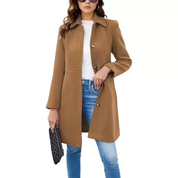 imagechouyatou Womens Single Breasted Button Up Wool Coat Winter Casual Midi Long Wool Blend Trench CoatBrown
