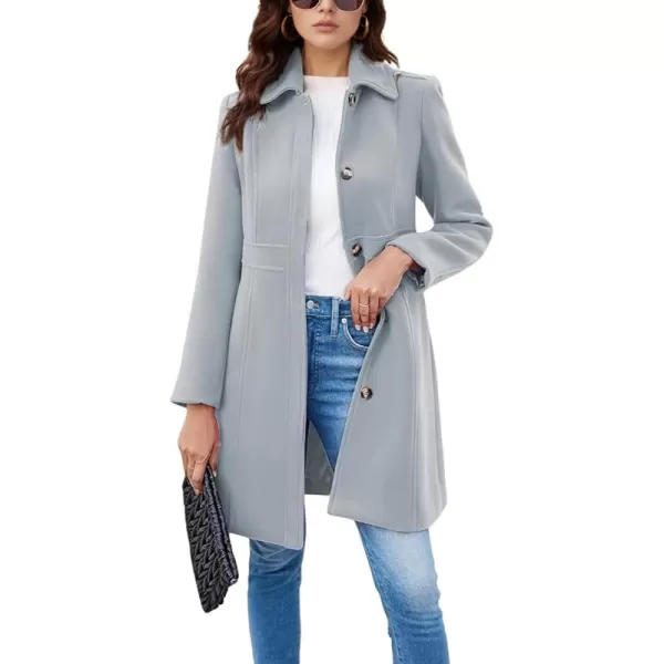 imagechouyatou Womens Single Breasted Button Up Wool Coat Winter Casual Midi Long Wool Blend Trench CoatGrey