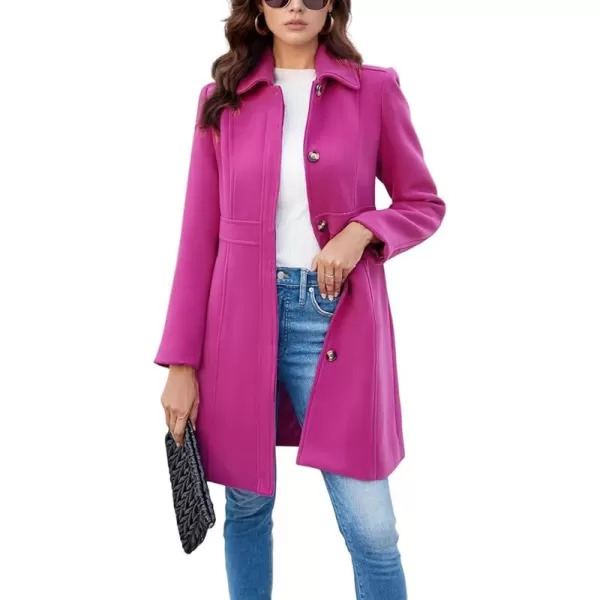 imagechouyatou Womens Single Breasted Button Up Wool Coat Winter Casual Midi Long Wool Blend Trench CoatRose Red