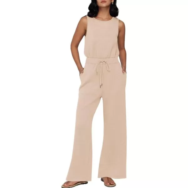 imagechouyatou Womens Summer Sleeveless Jumpsuits Casual Loose Wide Leg Drawstring Overalls Romper PantsApricot