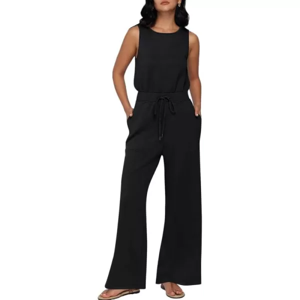 imagechouyatou Womens Summer Sleeveless Jumpsuits Casual Loose Wide Leg Drawstring Overalls Romper PantsBlack
