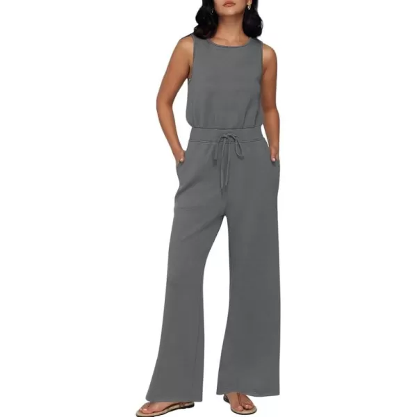 imagechouyatou Womens Summer Sleeveless Jumpsuits Casual Loose Wide Leg Drawstring Overalls Romper PantsDark Grey
