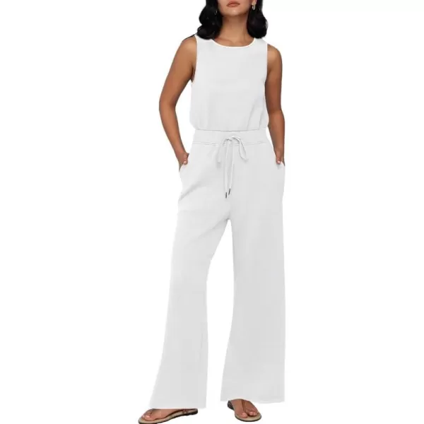 imagechouyatou Womens Summer Sleeveless Jumpsuits Casual Loose Wide Leg Drawstring Overalls Romper PantsWhite