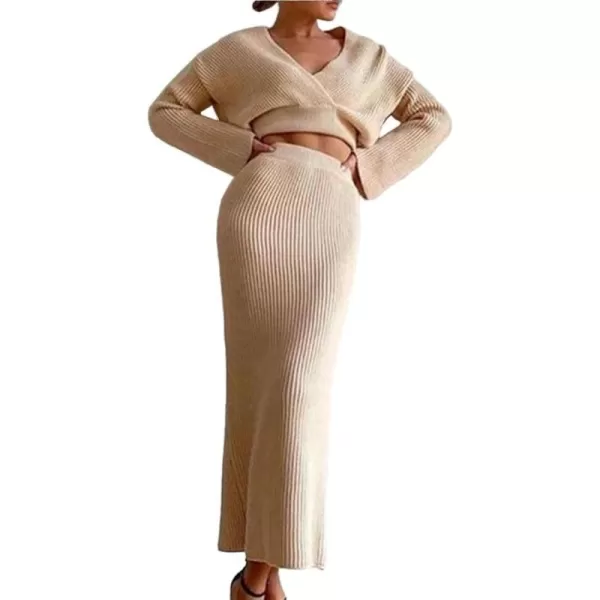 imagechouyatou Womens Two Piece Sweater Sets Off Shoulder Top Bodycon Skirt Sets 2 Piece OutfitsBeige