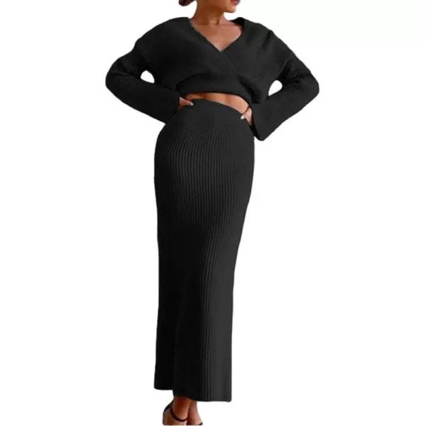 imagechouyatou Womens Two Piece Sweater Sets Off Shoulder Top Bodycon Skirt Sets 2 Piece OutfitsBlack