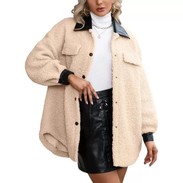 imagechouyatou Womens Warm Fuzzy Faux Leather Spliced Button Up Shirt Jacket Shacket CoatApricot