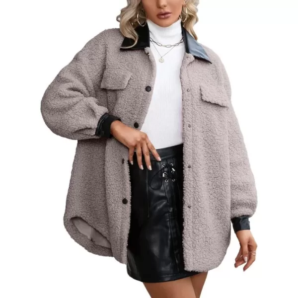 imagechouyatou Womens Warm Fuzzy Faux Leather Spliced Button Up Shirt Jacket Shacket CoatCoffee