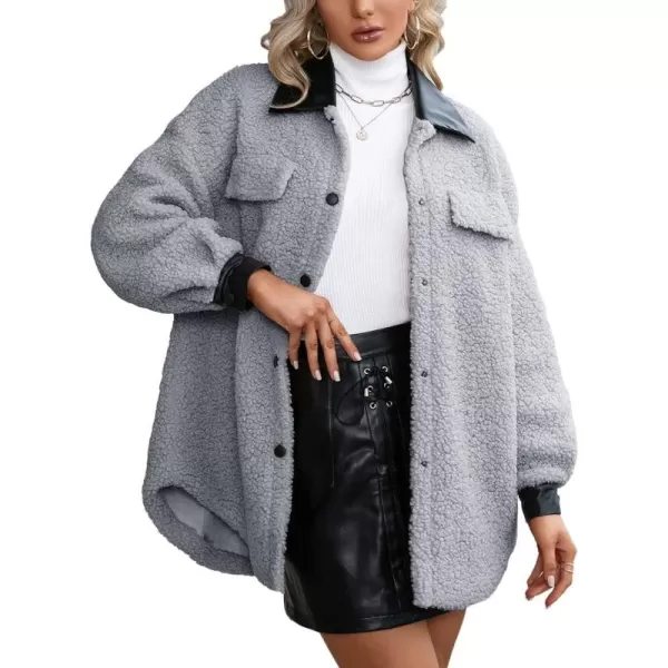 imagechouyatou Womens Warm Fuzzy Faux Leather Spliced Button Up Shirt Jacket Shacket CoatGrey