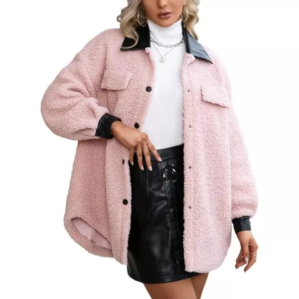 imagechouyatou Womens Warm Fuzzy Faux Leather Spliced Button Up Shirt Jacket Shacket CoatPink