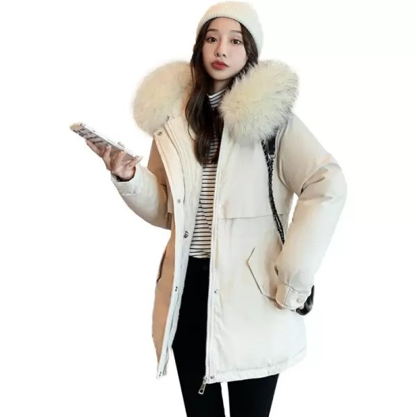 imagechouyatou Womens Windproof Quilted Sherpa Lined Faux Fur Hooded Parka Coat JacketBeige