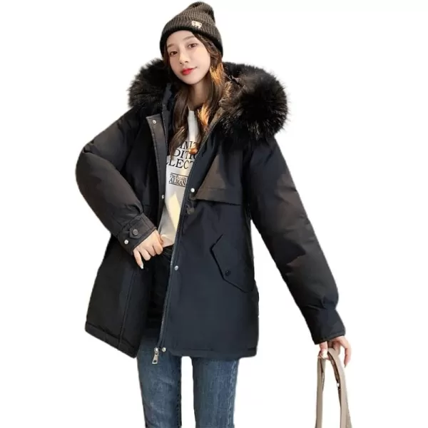 imagechouyatou Womens Windproof Quilted Sherpa Lined Faux Fur Hooded Parka Coat JacketBlack
