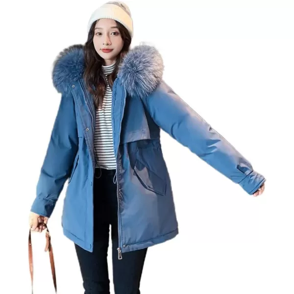imagechouyatou Womens Windproof Quilted Sherpa Lined Faux Fur Hooded Parka Coat JacketBlue