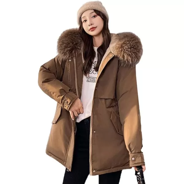 imagechouyatou Womens Windproof Quilted Sherpa Lined Faux Fur Hooded Parka Coat JacketCoffee