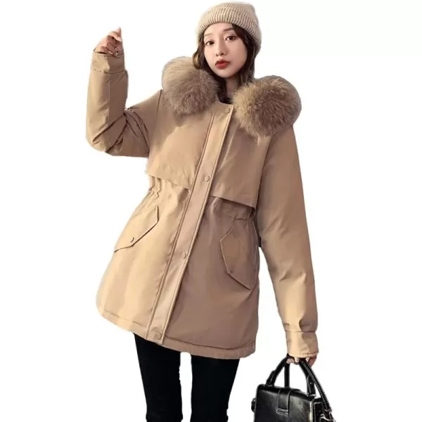 imagechouyatou Womens Windproof Quilted Sherpa Lined Faux Fur Hooded Parka Coat JacketKhaki