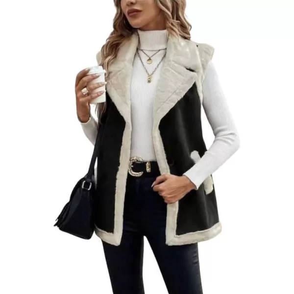 imagechouyatou Womens Winter Faux Suede Leather Vest Button Up Fuzzy Fleece Sleeveless Sherpa Jacket with PocketsBlack