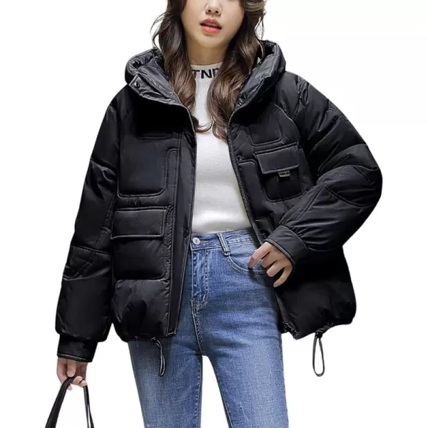 imagechouyatou Womens Winter MultiPocket Hooded Puffer Jacket Oversized Short Down Puffer CoatBlack