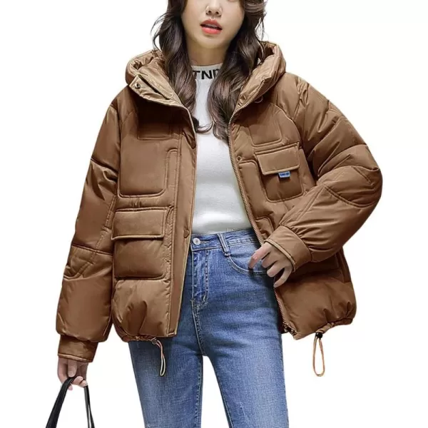 imagechouyatou Womens Winter MultiPocket Hooded Puffer Jacket Oversized Short Down Puffer CoatBrown