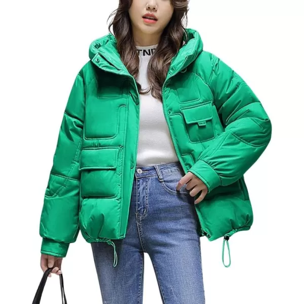 imagechouyatou Womens Winter MultiPocket Hooded Puffer Jacket Oversized Short Down Puffer CoatGreen